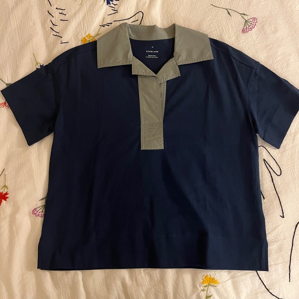 Everlane Retro Jersey Polo Navy Blue Sage Green  Atlantic Smoke XS